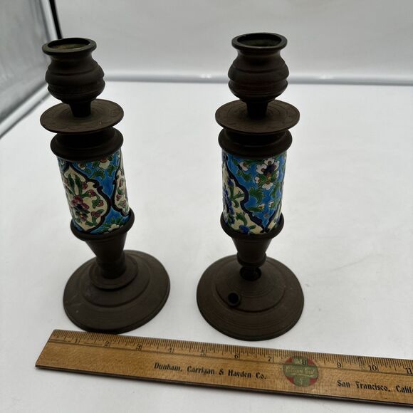 Set 2 Antique French Brass & Bronze Candlestick w/Longwy Pottery Column. 9” Tall - Picture 10 of 10